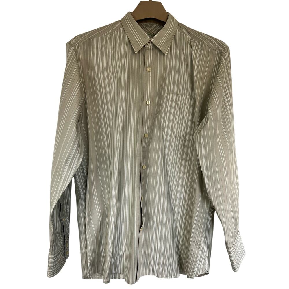 Tommy Bahama 100% Silk Shirt Button Up Mens LARGE Tan Green Long Sleeve